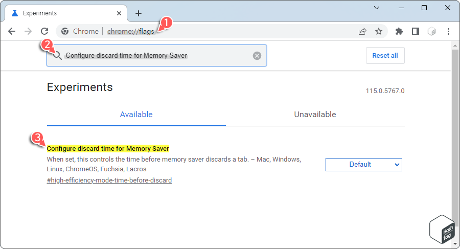크롬 실험실 Configure discard time for Memory Saver 플래그.