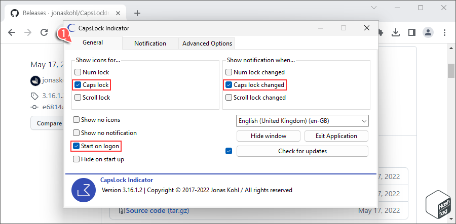 CapsLock Indicator General 탭에서 Caps Lock 동작 아이콘 및 알림 옵션 선택