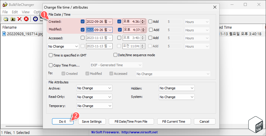 BulkFileChanger Created, Modified 값 수정 및 적용 - 파일 및 사진 만든 날짜 수정 날짜 항목