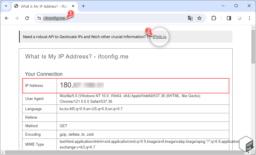ifconfig.me 서비스 이용하여 공인 IP 주소 확인